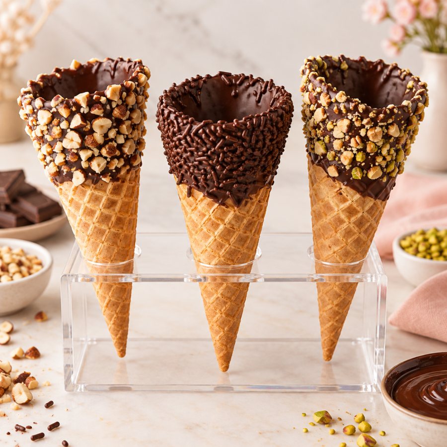 Cones de chocolate preparados artesanalmente